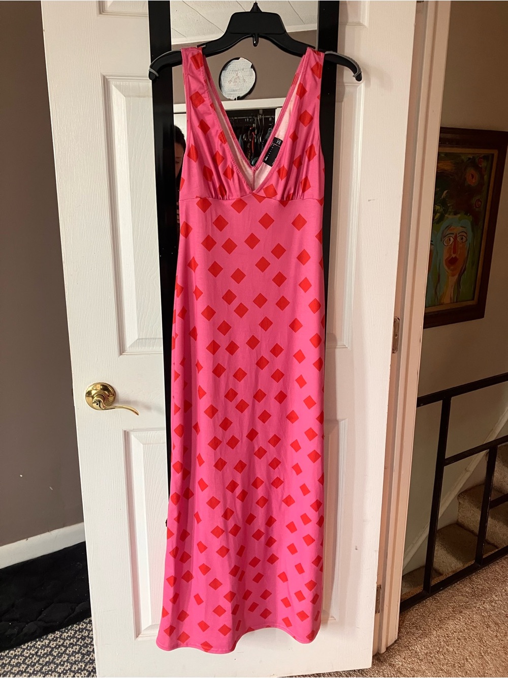 ASOS Pink Maxi Slip Dress with Red Geometric Print